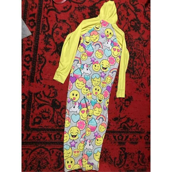 Girls kids Pajamas Pj’s Smiley Face one piece SZ 14 Unicorn EMOJI - Picture 1 of 15